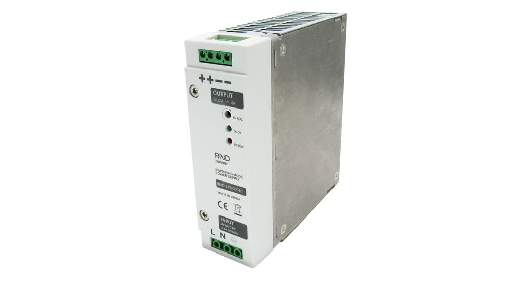 AC/DC DIN Rail Mounted Power Supply, 82%, 12V, 8A, 120W, Adjustable
