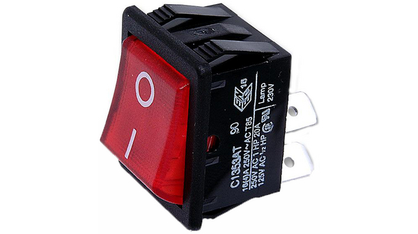 Rocker Switch, 16 A, 2NO, 250V, ON-OFF, Black / Red