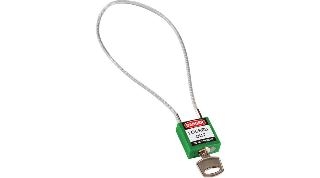 Sikkerhetshengelås, kompakt kabel, 400 mm, ulike nøkler, Grønn