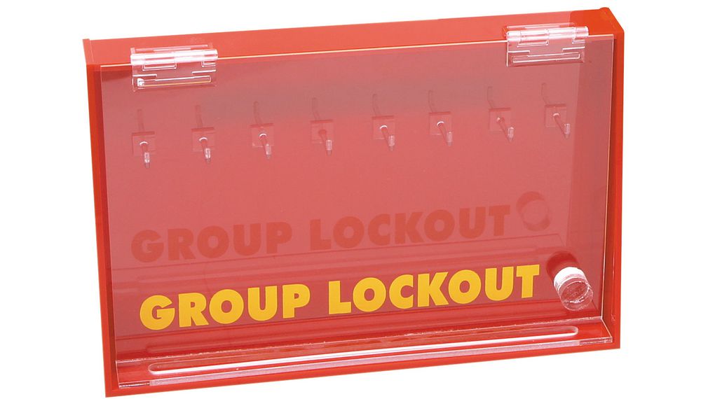 Group Lockout Box, 8 Hooks, Transparent Cover, Acrylic, 305x195x64mm, Red