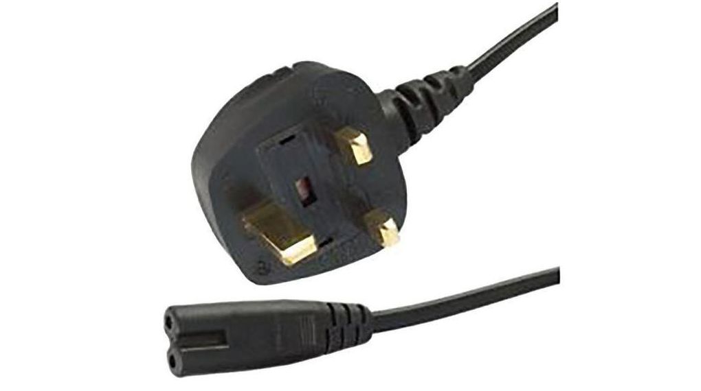 AC Power Cable, UK Type G (BS1363) Plug - IEC 60320 C7, 1.8m, Black
