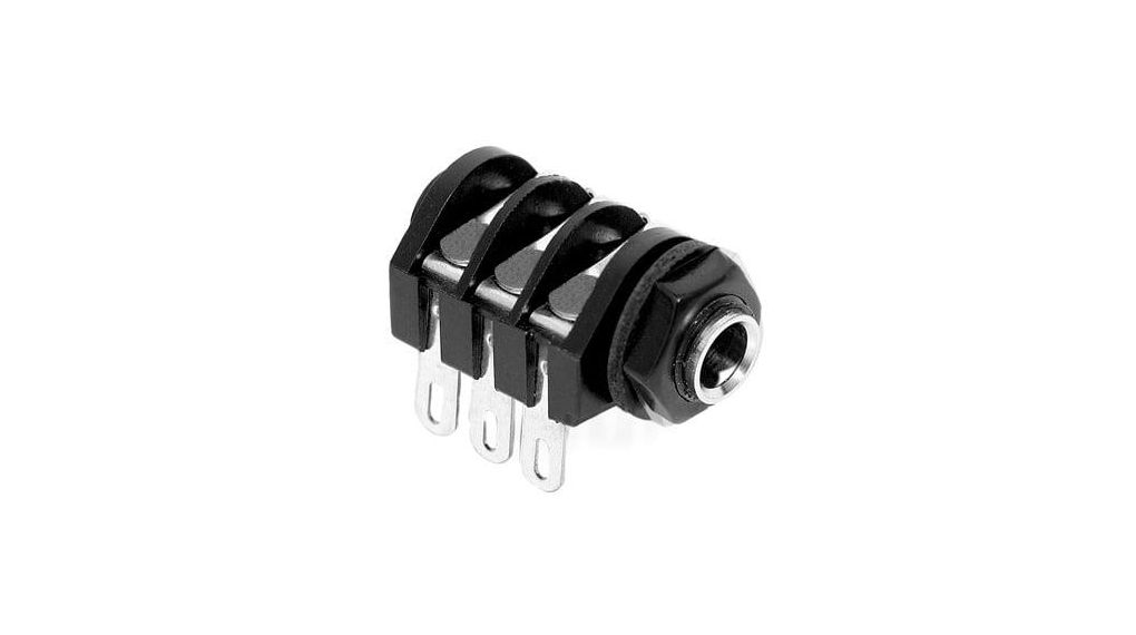 Phone Audio Connector, Metal Bore / Plastic Nut / Plastic Thread, Soldering Lugs, Socket, Stereo, Right Angle, 6.35 mm