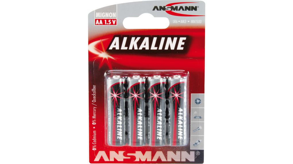 Primary Battery, Alkaline, AA, 1.5V, RED, Pack of 4 pieces