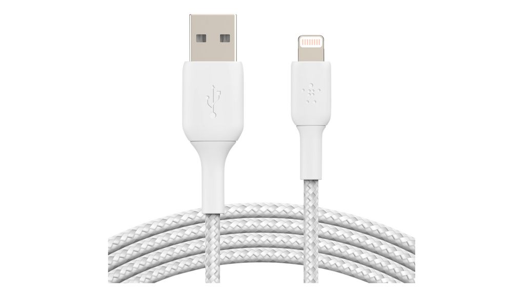 Kabelkonfektion mit Geflechtschlauch, Apple Lightning - USB A-Stecker, 3m, Weiss