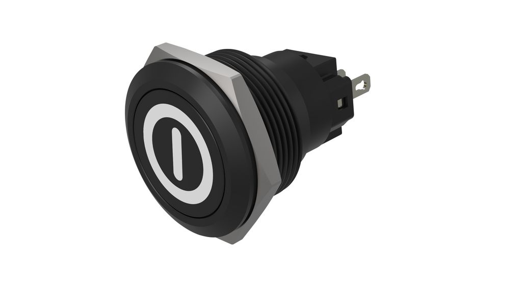 Pushbutton Switch, 1CO, Momentary Function, On / Off Symbol, Black, 22mm Soldering Terminal