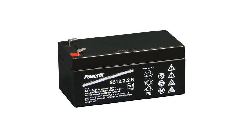 Rechargeable Battery, Lead-Acid, 12V, 3.4Ah, Blade Terminal, 4.8 mm