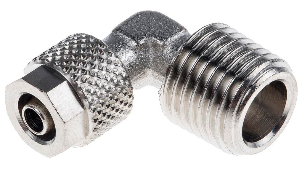 1100 Series Elbow Threaded Adaptor, R 1/4 Male to Push In 6 mm, Threaded-to-Tube Connection Style