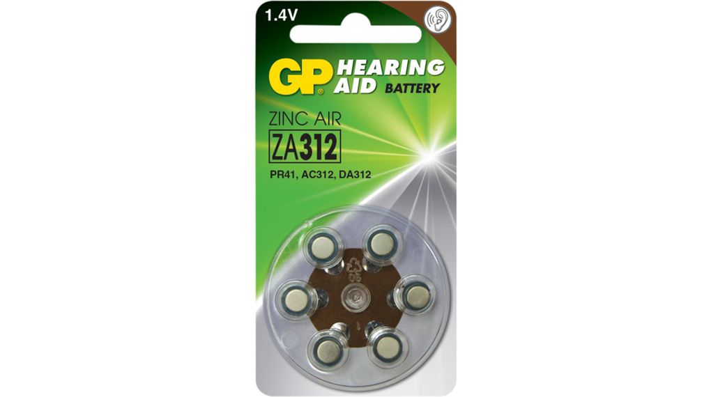Hearing Aid Battery, Zinc-Air, 1.4V, 170mAh, 6 ST