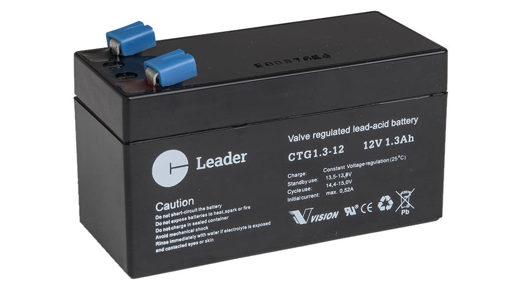 Rechargeable Battery, Lead-Acid, 12V, 1.3Ah, Blade Terminal, 4.8 mm