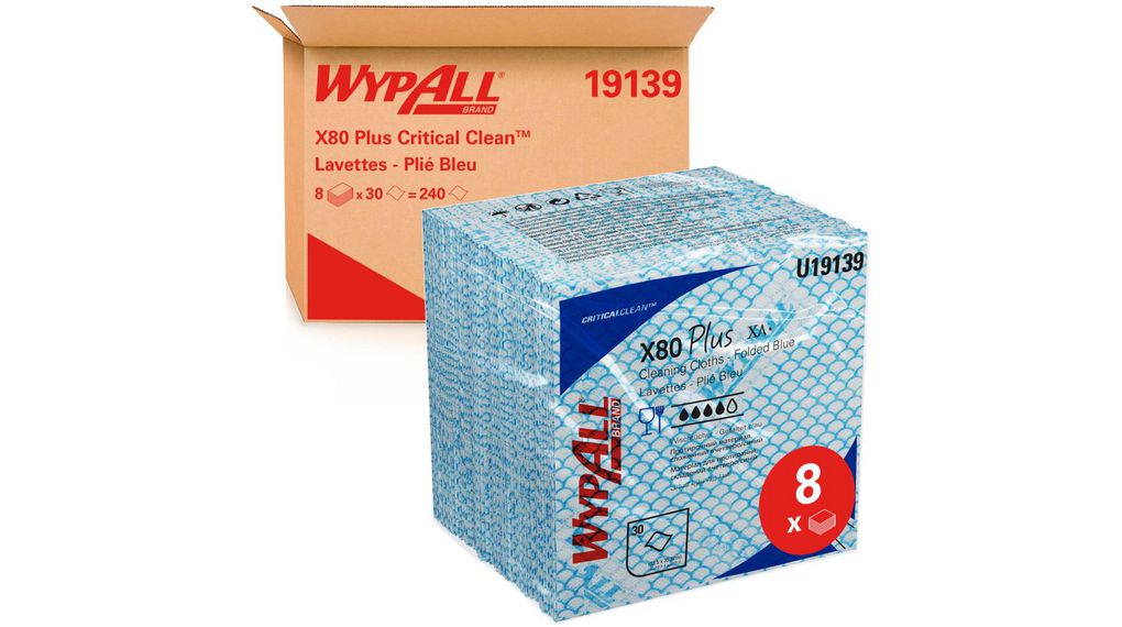 WypAll® X80 Plus Critical Clean™ 19139 Blue Cloths for Industrial Cleaning, Dry Use, Box of 30, 355 x 335mm,