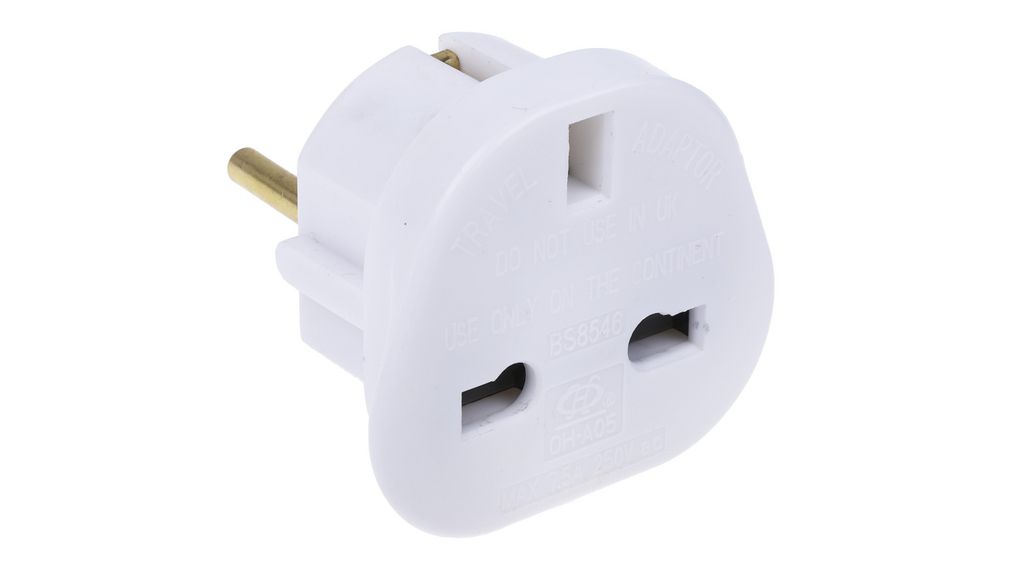 Travel Adapter, UK Type G (BS1363) Socket - DE/FR Type F/E (CEE 7/7) Plug, 7.5A