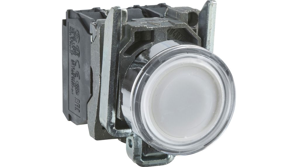 Illuminated Pushbutton Switch, Harmony XB4, Plastic, White, Flush Mount, 22mm, LED Lamp, 1NC + 1NO, 24V