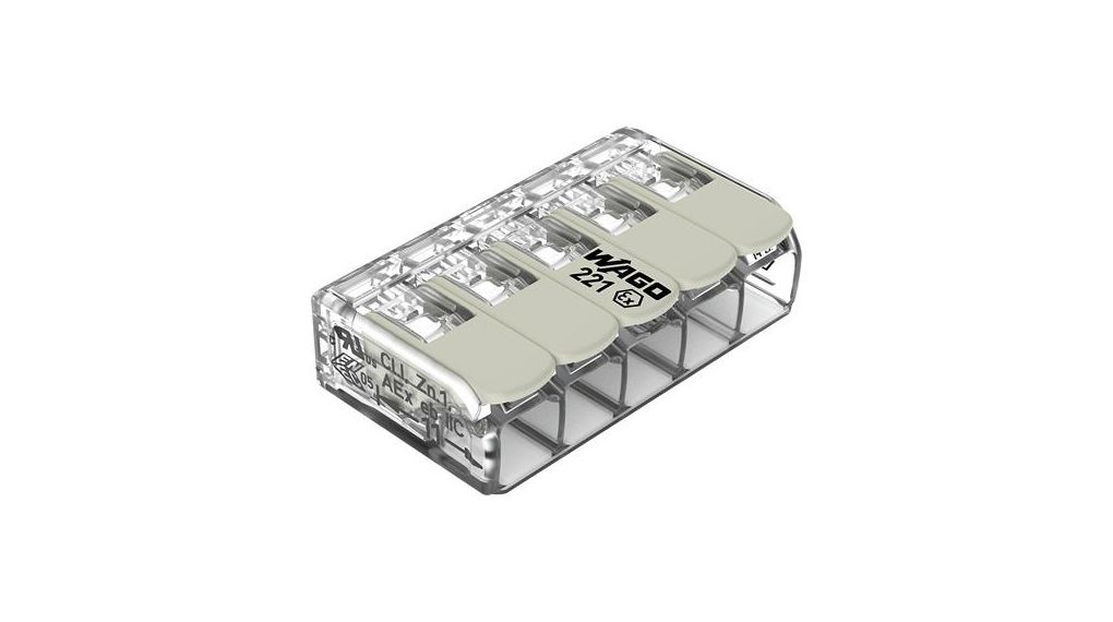 WAGO 221 Series Connector, 5-Way, 32A, 24 → 12 AWG Wire, Cage Clamp Termination, Pack of 25 pieces