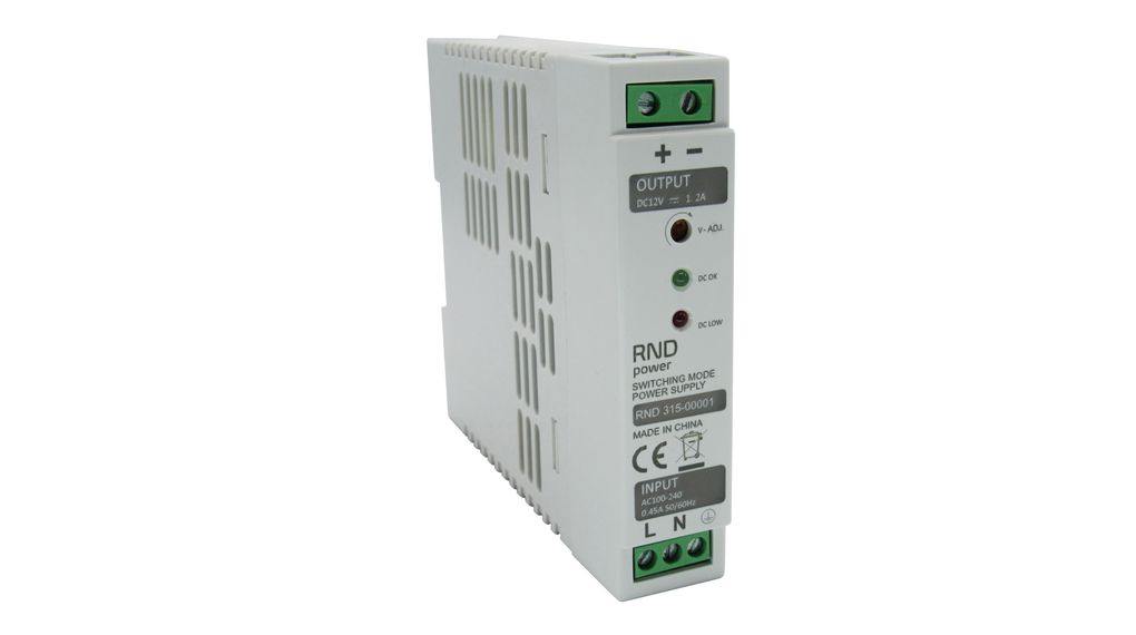 AC/DC DIN Rail Mounted Power Supply, 80%, 12V, 1.2A, 15W, Adjustable