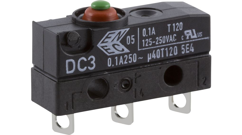 Mikrobrytare, DC, 100mA, 1CO, 2N, Knapp