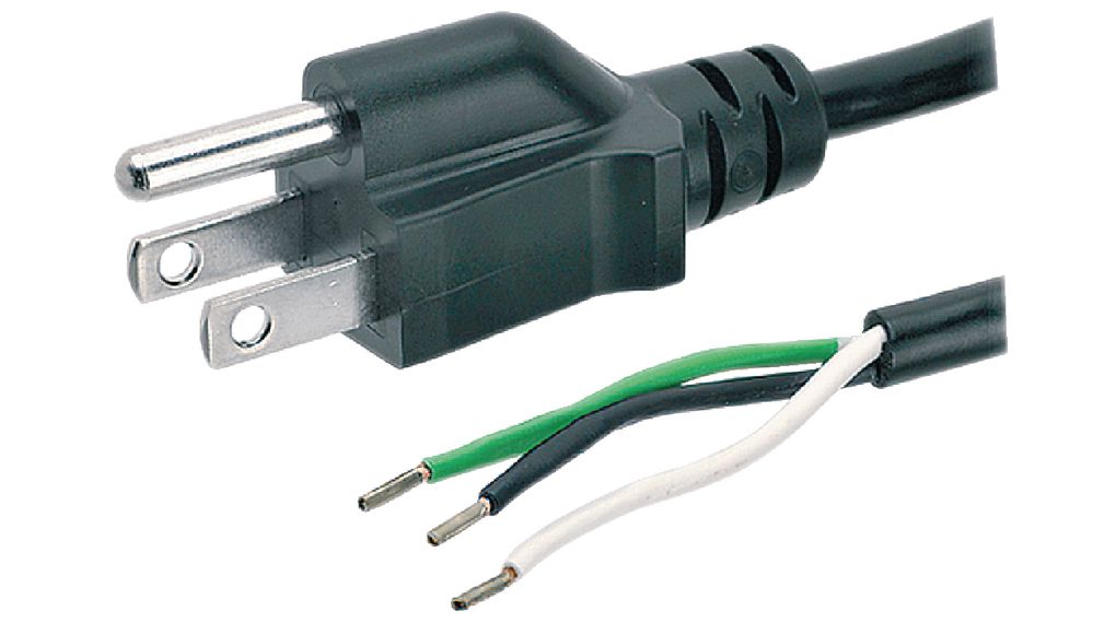 AC Power Cable, US Type B Plug - Bare End, 2m, Black
