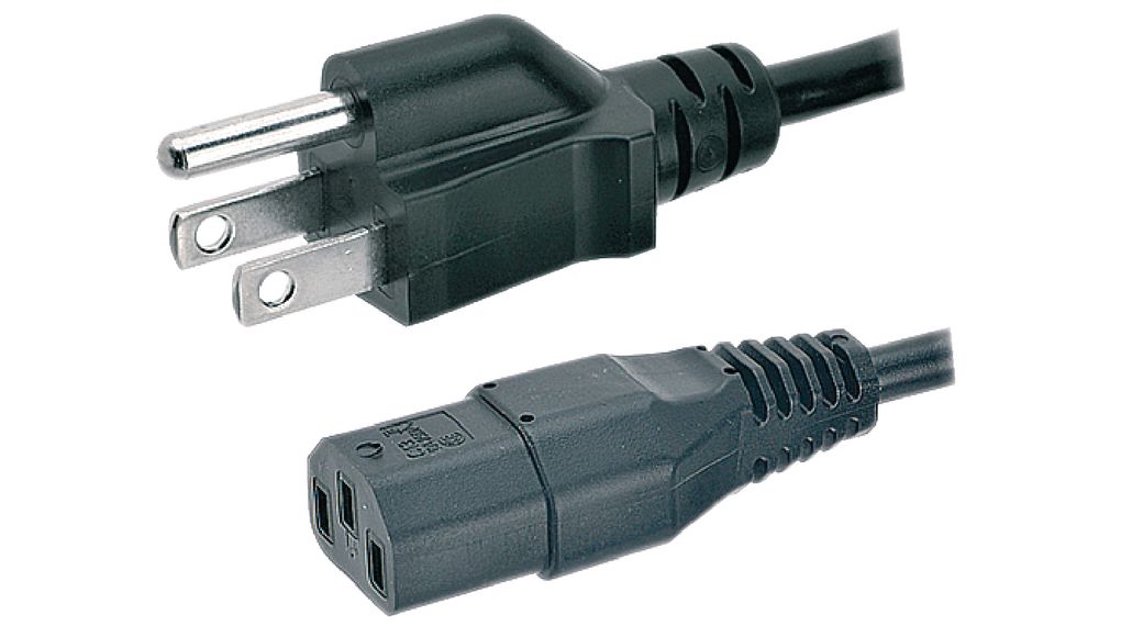 AC Power Cable, US Type B Plug - IEC 60320 C13, 2m, Black