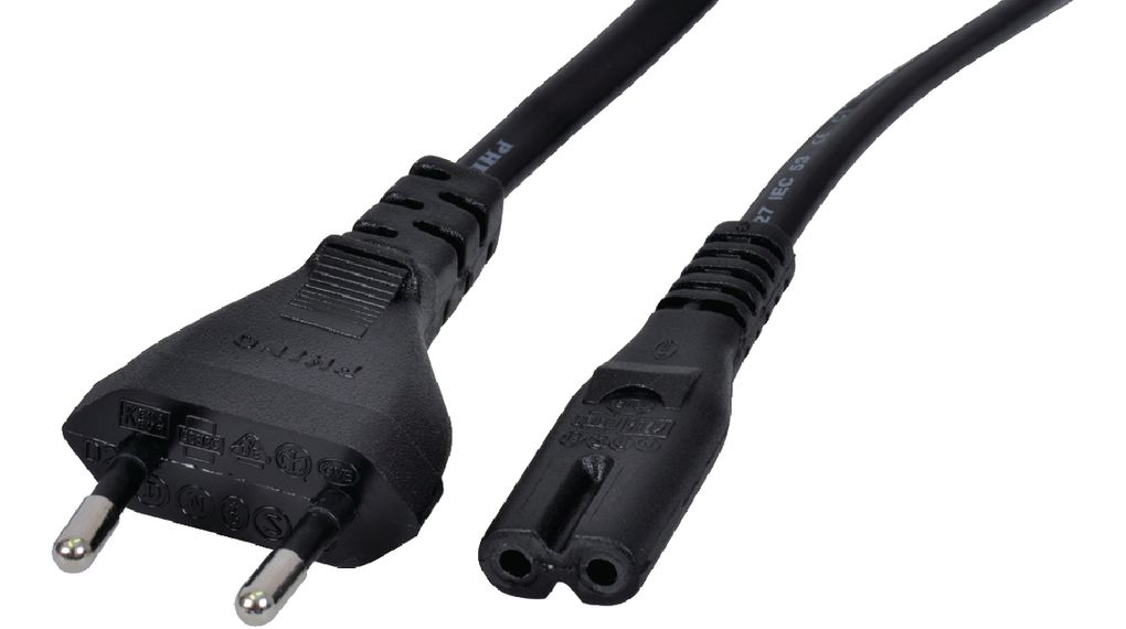AC Power Cable, Euro Type C (CEE 7/16) Plug - IEC 60320 C7, 1.8m, Black