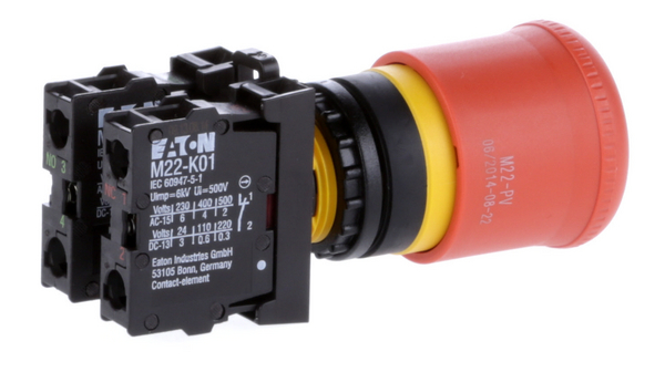 78639645 M22 PVLT+M22 A+M22 XAK1 | Eaton RMQ Titan M22 Series Latching Illuminated Emergency Stop Push Button, Front, 22 mm Cutout, IP69K | RS