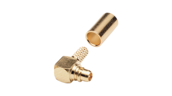 MMCX cable connector, angled, MMCX, Brass, Plug, Right Angle, 50Ohm, Solder Terminal, Crimp Terminal