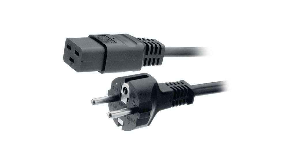 AC Power Cable, DE Type F (CEE 7/4) Plug - IEC 60320 C19, 2.5m, Black