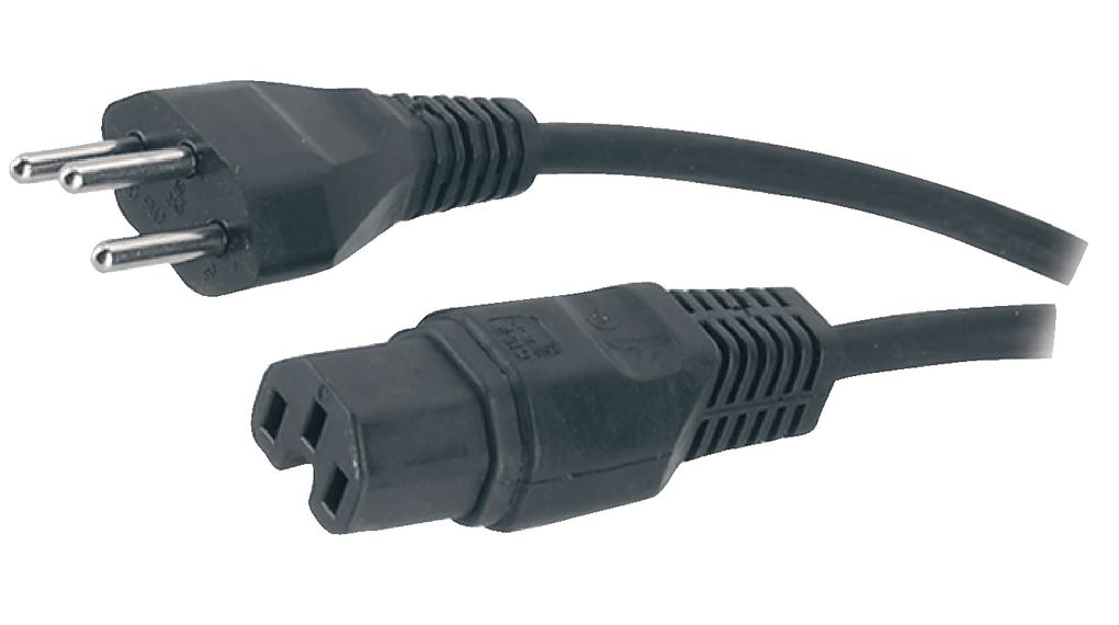 Kabel zasilający AC, Wtyk CH typu J (T12) - IEC 60320 C15, 2m, Czarny