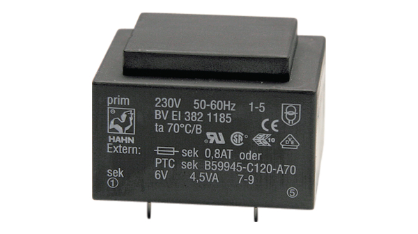 PCB-transformator, 230 VAC, 9 VAC, 500mA, 4.5VA
