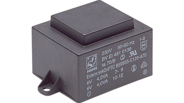 Transformateur pour cartes de circuits imprimés, 230 VAC, 24 VAC, 417mA, 10VA