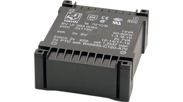 Transformateur pour cartes de circuits imprimés, 115 VAC, 2x 12 VAC, 750mA, 18VA