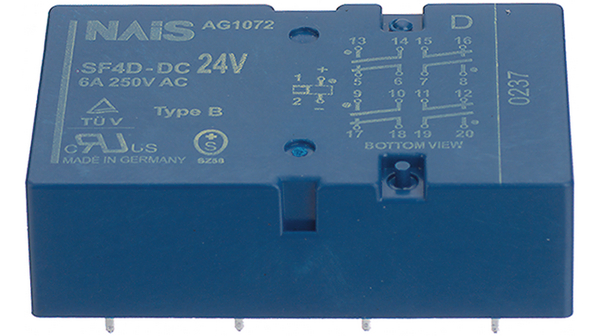 Relais de sécurité pour circuits imprimés SF4D, 4NO + 4NC, 24V, 1.15kOhm, 6A