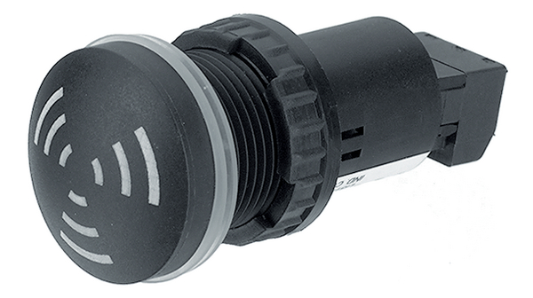 Panel-Mount Buzzer Continuous Black 24 VAC/VDC 8mA 80dB 2.4kHz Polyamide Plug-In with Screw Terminal IP65