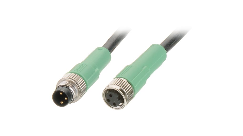 Actuator / Sensor Cable, M8 Plug - M8 Socket, 3 Conductors, 600mm, IP65 / IP67 / IP68, Black / Grey