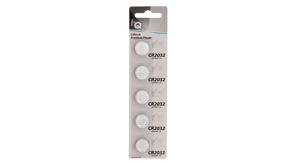 Button Cell Battery, CR2032, 225mAh, 3V, Pack of 5 pieces