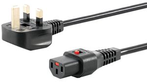 Lockable AC Power Cable, UK Type G (BS1363) Plug - IEC 60320 C13, 2m, Black