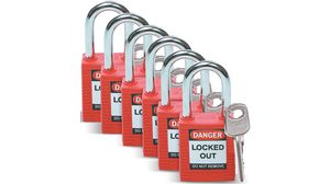 Safety Padlock, Pack of 6, Keyed Different, Red
