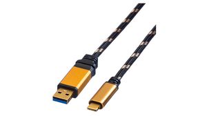 Cable, Wtyk USB A - Wtyk USB C, 500mm, USB 3.0, Czarny / złoty