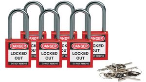 Safety Padlock, Compact, Pack of 6, Keyed Different, Red