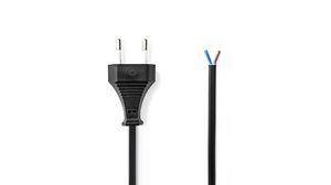 AC Power Cable, Euro Type C (CEE 7/16) Plug - Bare End, 2m, Black