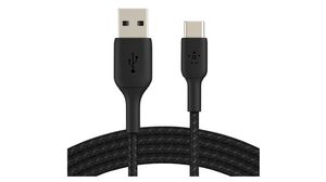 Splétaný kabel, Zástrčka USB A - Zástrčka USB C, 3m, Černá