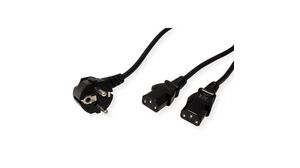 AC Power Cable, DE/FR Type F/E (CEE 7/7) Plug - 2x IEC 60320 C13, 2m, Black