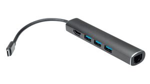 Multi-Port Adapter, USB-C Plug - HDMI Socket / RJ45 Socket / USB-A Socket, Silver