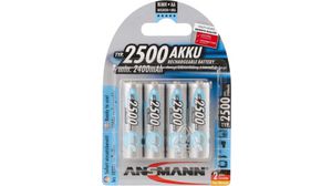 Rechargeable Battery, Ni-MH, AA, 1.2V, 2.5Ah, Pack of 4 pieces