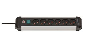 Stopcontact Premium Alu-Line 6x DK-socket type K - K-stekker DK-type Zwart/lichtgrijs 3m