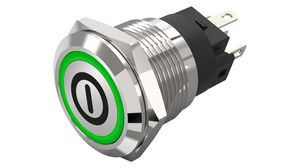 Megvilágított nyomógombos kapcsolók Pillanatfunkció 1CO 240 V LED Zöld Be / ki szimbólum Forrasztott csatlakozó
