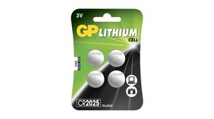 Button Cell Battery, Lithium, CR2025, 3V, 160mAh, Pack of 4 pieces