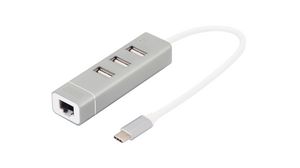 USB Hub, USB-C Plug, 2.0, USB Ports 3, USB-A Socket / RJ45 Socket