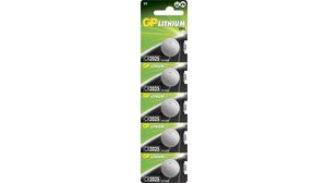 Button Cell Battery, Lithium, CR2025, 3V, 160mAh, Pack of 5 pieces