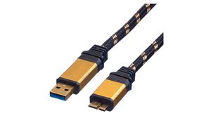 Kabel, USB A-Stecker - USB Micro-B-Stecker, 800mm, USB 3.0, Schwarz / Gold