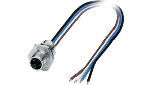 Circular Connector, M12, Plug, Straight, Poles - 4, Assembled with Wires, Front Mount