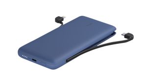 Powerbank with Integrated Cables, 10Ah, Apple Lightning / USB C Plug, Blue